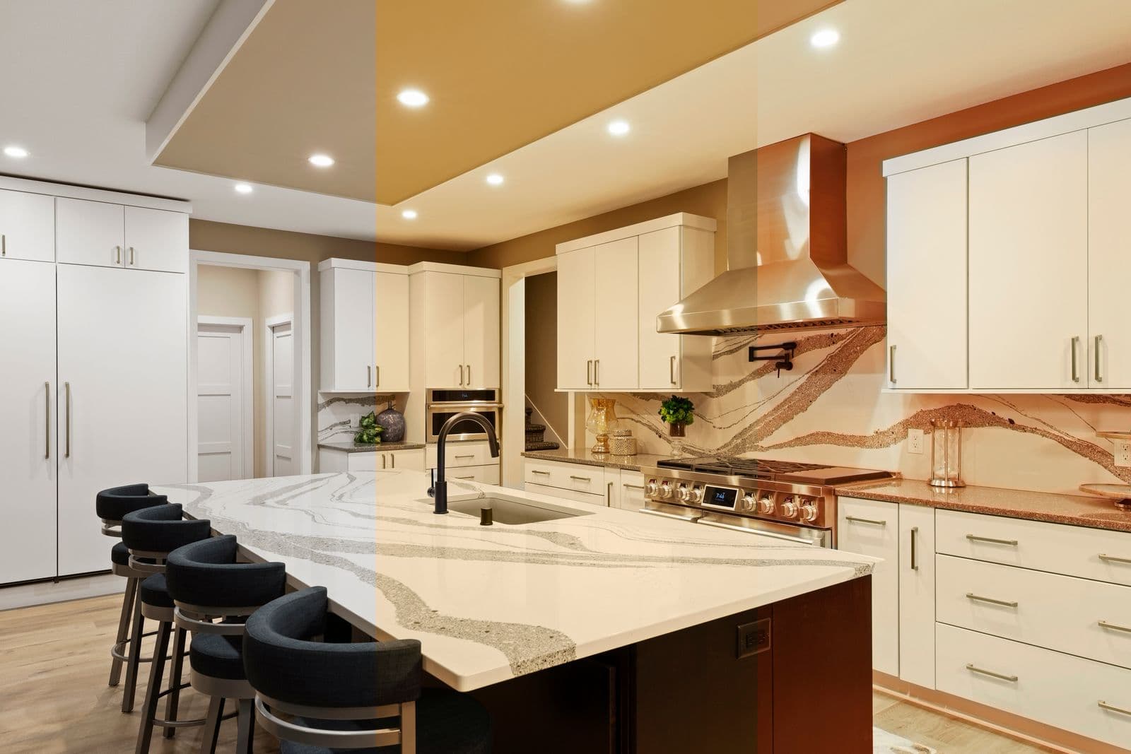 Split-screen kitchen demonstrating tunable lighting from cool daylight to warm amber